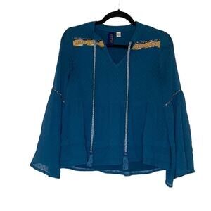 Francesca’s Blue Babydoll Ruffled Embroidered Top with Braided Tassels Small